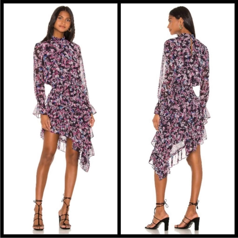 MISA Los Angeles Savanna Smocked Floral High-Neck Asymmetrical Dress SZ Medium